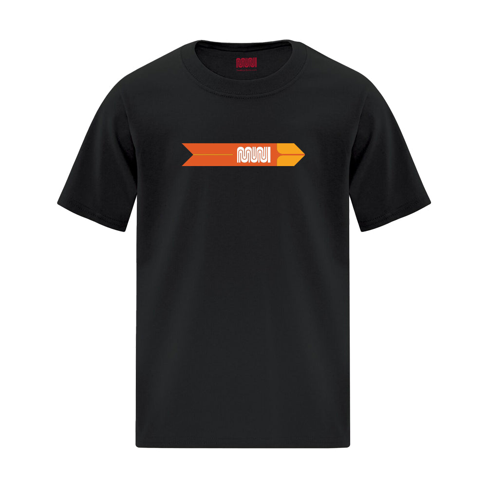 Black T-shirt with a retro two-tone orange Muni Worm logo imprinted full chest.