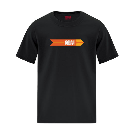 Black T-shirt with a retro two-tone orange Muni Worm logo imprinted full chest.
