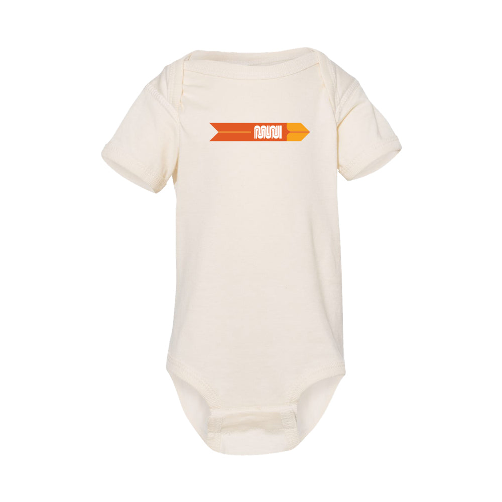 A Cream colored baby onesie with retro two-tone orange Muni Worm logo.