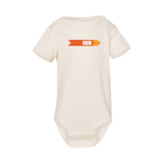 A Cream colored baby onesie with retro two-tone orange Muni Worm logo.