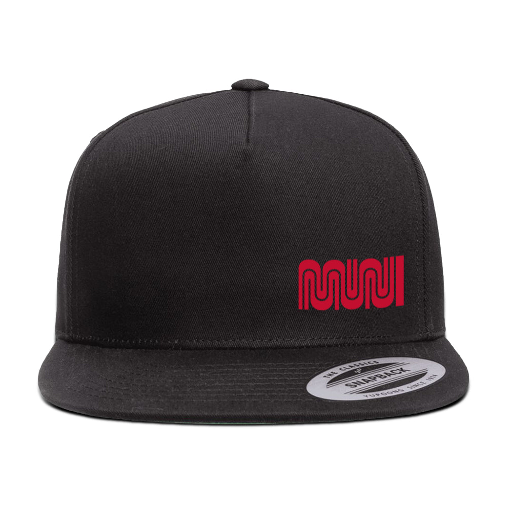 San Francisco Black flat brim cap with Muni Worm logo on Left front.