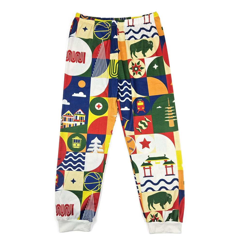 Colorful patterned pants with various symbols on a white background