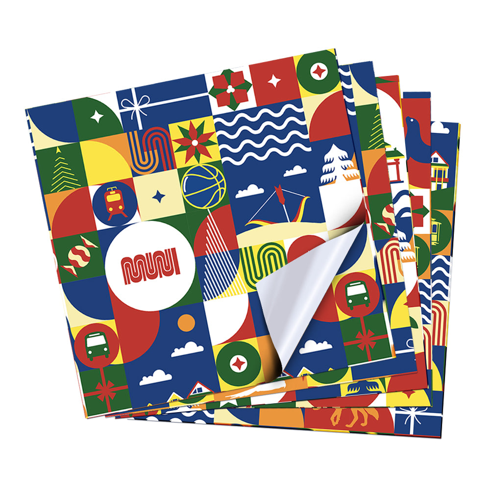 Colorful patterned paper with geometric shapes and a visible brand logo on a white background