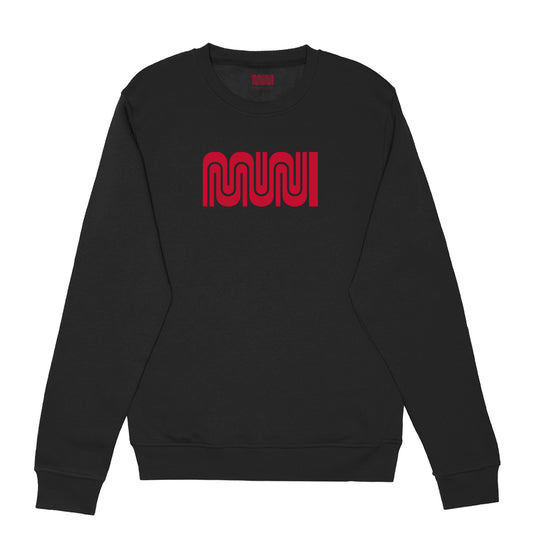 A Black unisex Muni sweatshirt with a Muni Worm logo in Red imprinted full-chest.