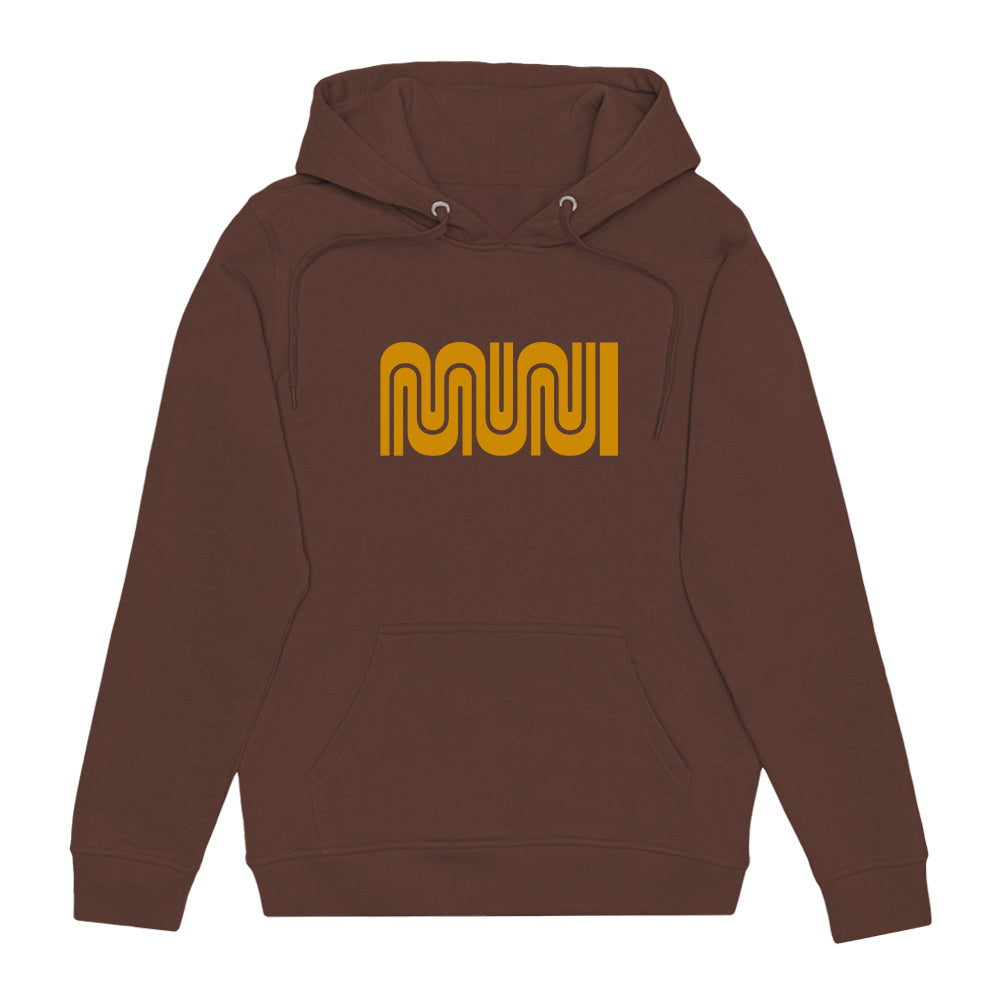 A Brown unisex Muni pull-over hoodie with a Muni Worm logo in Golden-Yellow imprinted full-chest.