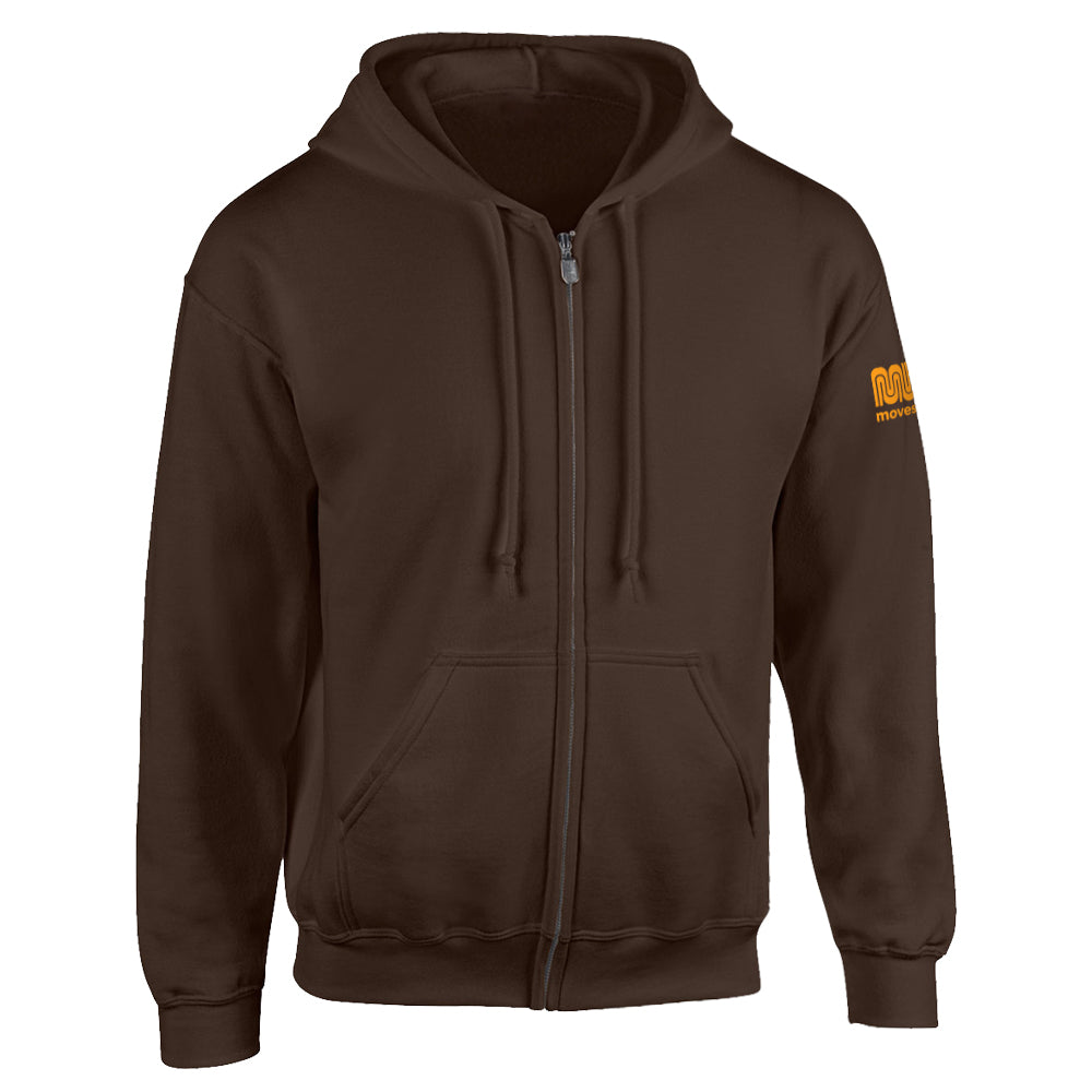 The front of a Brown Muni full-zip hoodie. With Muni branded imprint in  Golden-Yellow on Left sleeve.