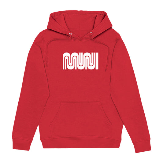 The Muni Classic Hoodie in Red with a White Muni Worm logo across the chest.