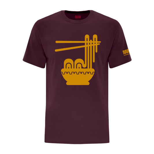 A Maroon T-shirt with a Muni Ramen Bowl in Golden-Yellow imprinted full-chest and the Muni branding on Left Sleeve.