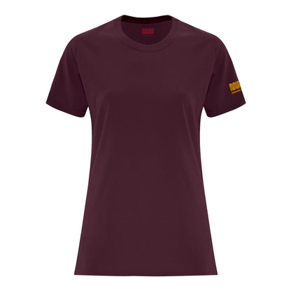 A Maroon women's fitted T-shirt with Muni branding on Left sleeve imprinted in Golden-Yellow.