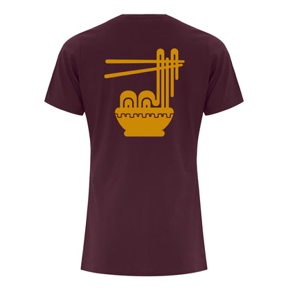 The back of a Maroon women's fitted T-shirt with a Muni Ramen Bowl imprint in Golden-Yellow.