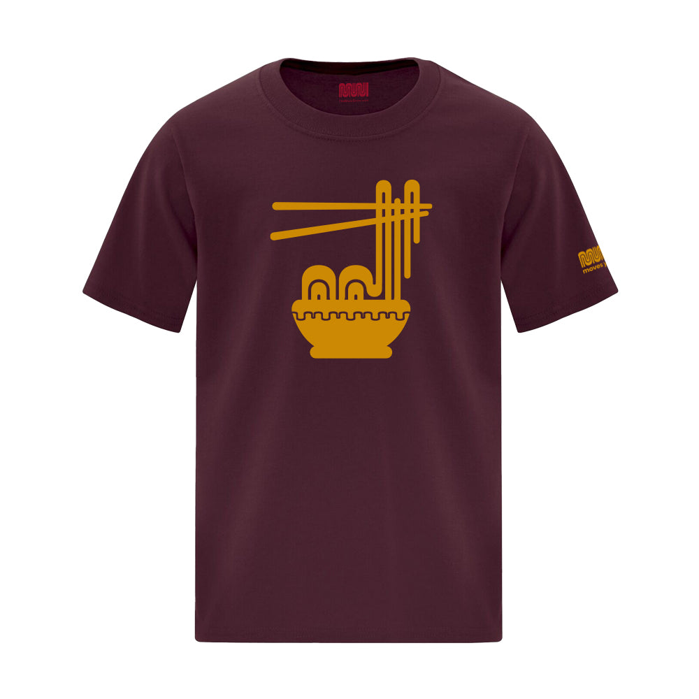 A Maroon T-shirt with a Muni Ramen Bowl in Golden-Yellow imprinted full-chest and the Muni branding on Left Sleeve.