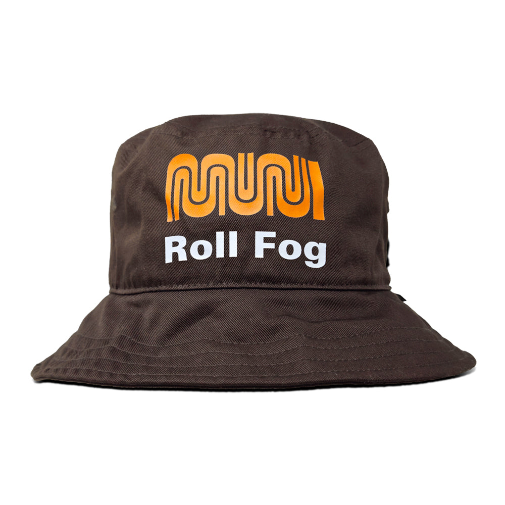 A chocolate Brown bucket hat imprinted with Muni Worm logo in Golden-Yellow and Roll Fog text in White.