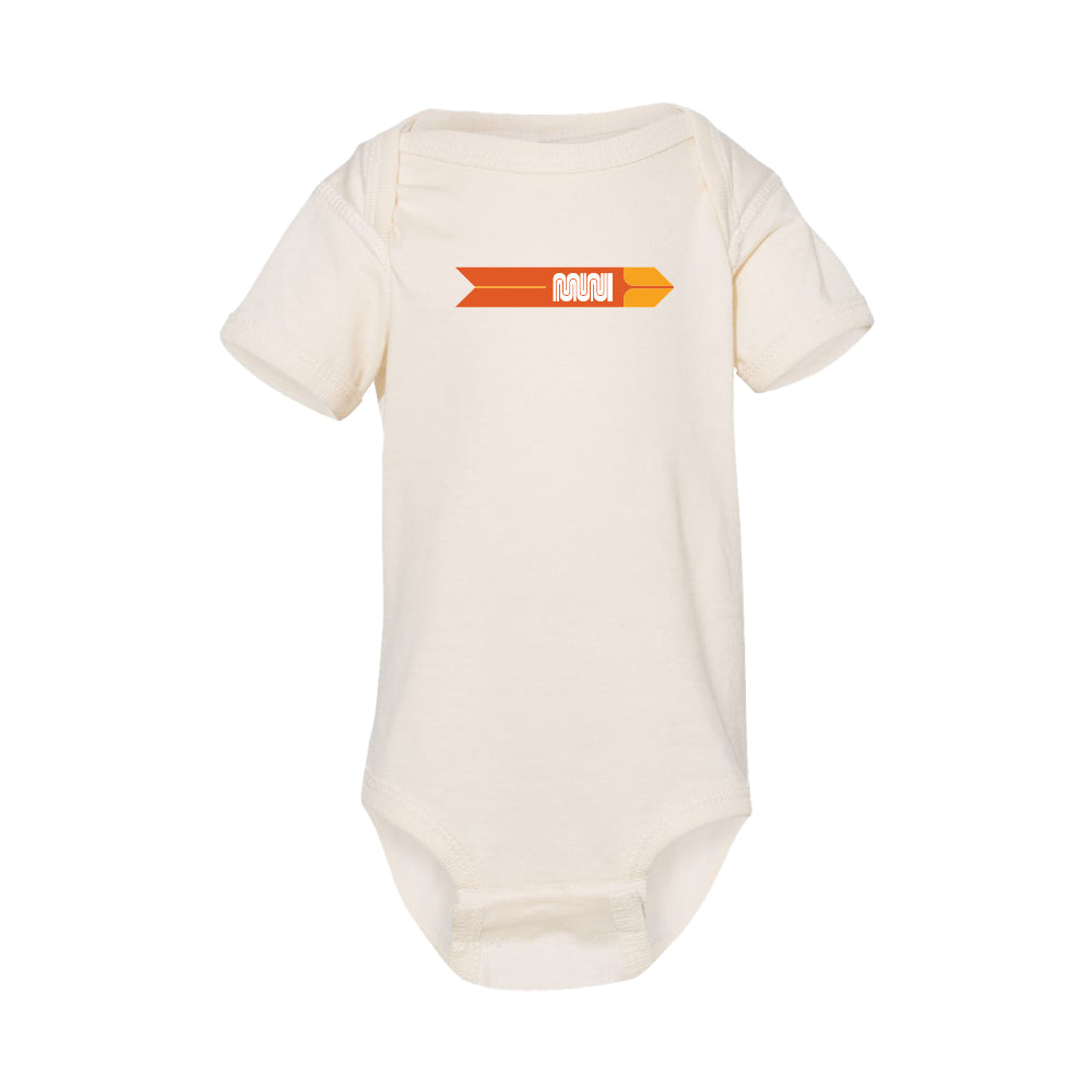 A Cream colored baby onesie with retro two-tone orange Muni Worm logo. 