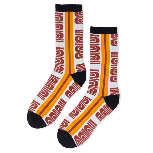 Muni Crew Socks in White with Black, Maroon and Yellow-Gold details.