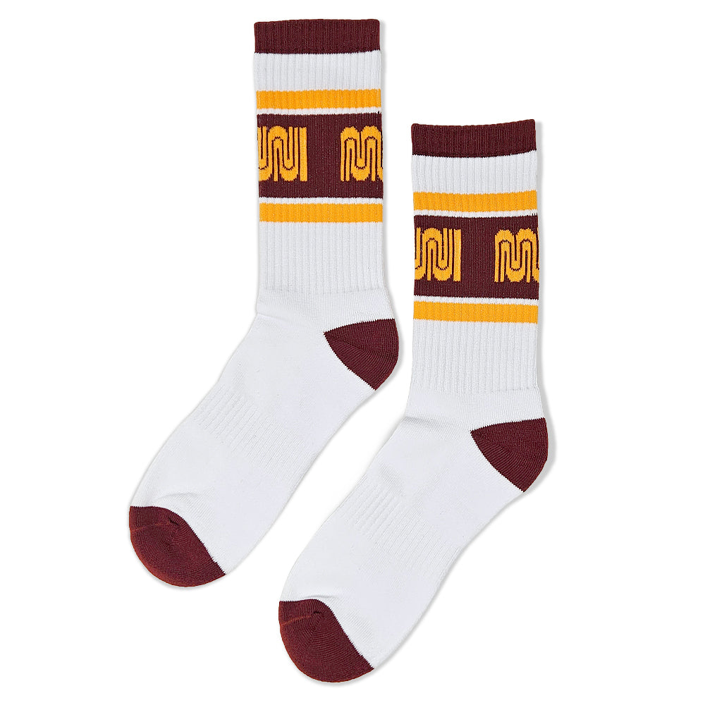 Muni Crew Socks in White with, Maroon and Yellow-Gold stripes and details.