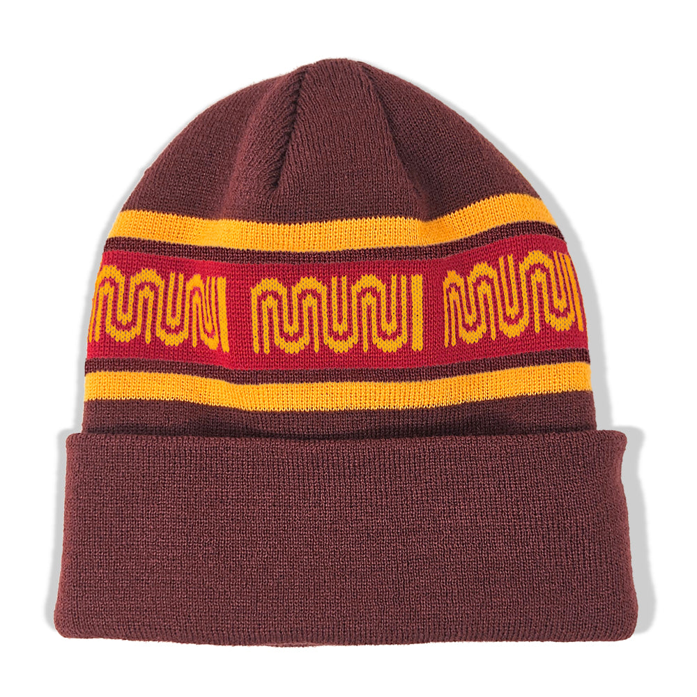 A retro designed Muni knit beanie in Maroon with Red and Golden-Yellow details.