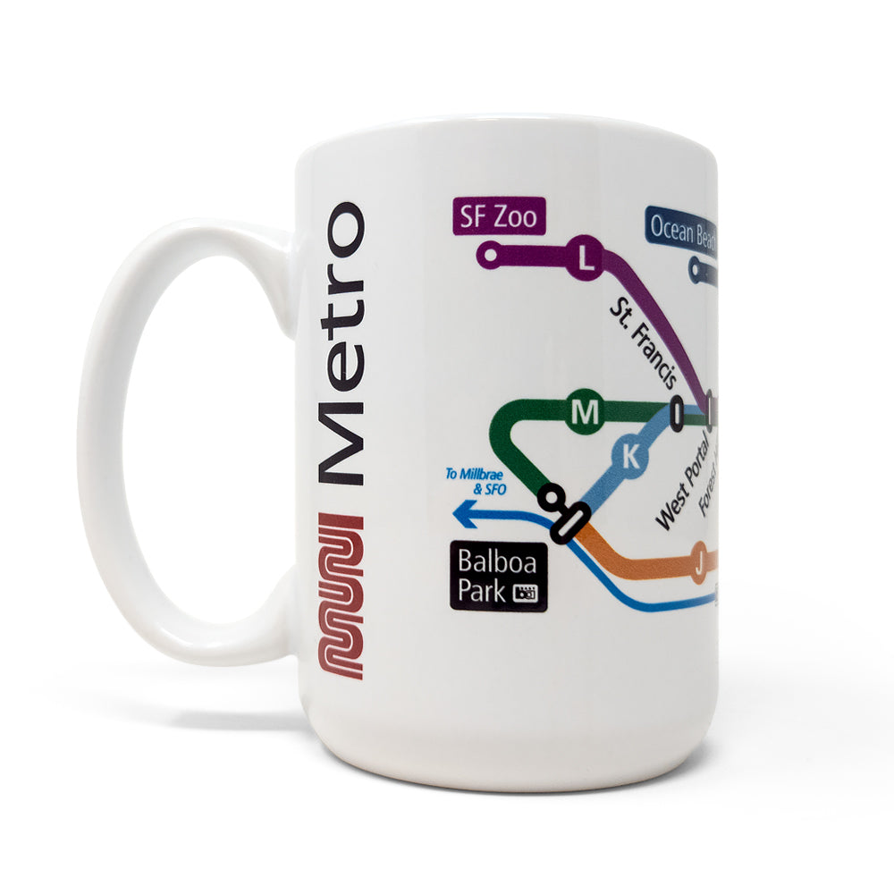 A White coffee mug with Muni Metro system map wrap-around imprint.