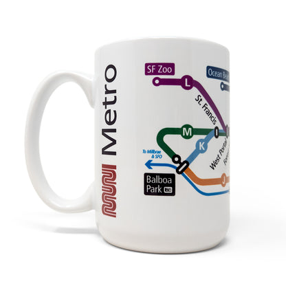 A White coffee mug with Muni Metro system map wrap-around imprint.