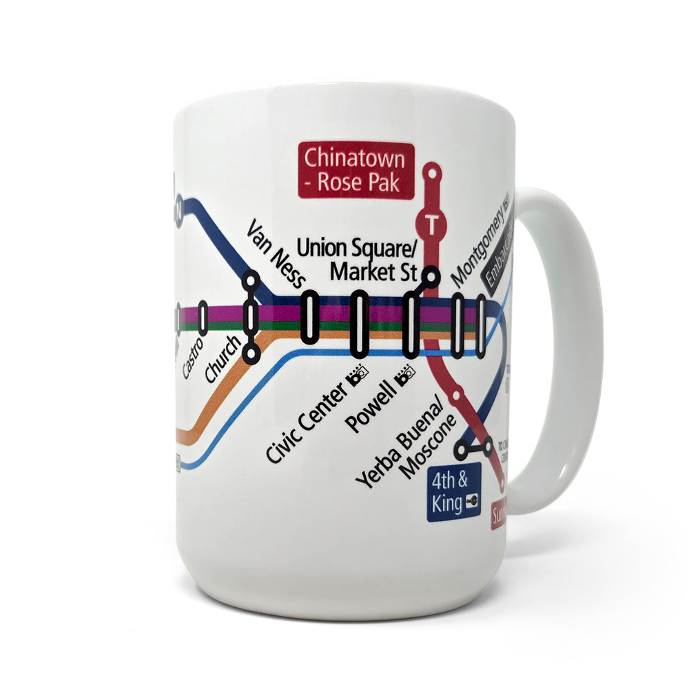 A White coffee mug with Muni Metro system map wrap-around imprint.