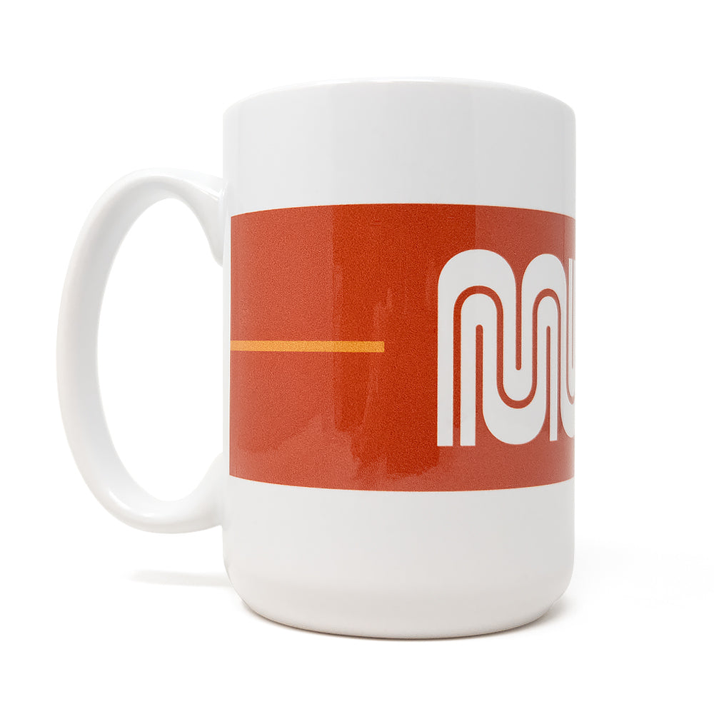 A White Muni Retro Mug with two-tone orange imprint.