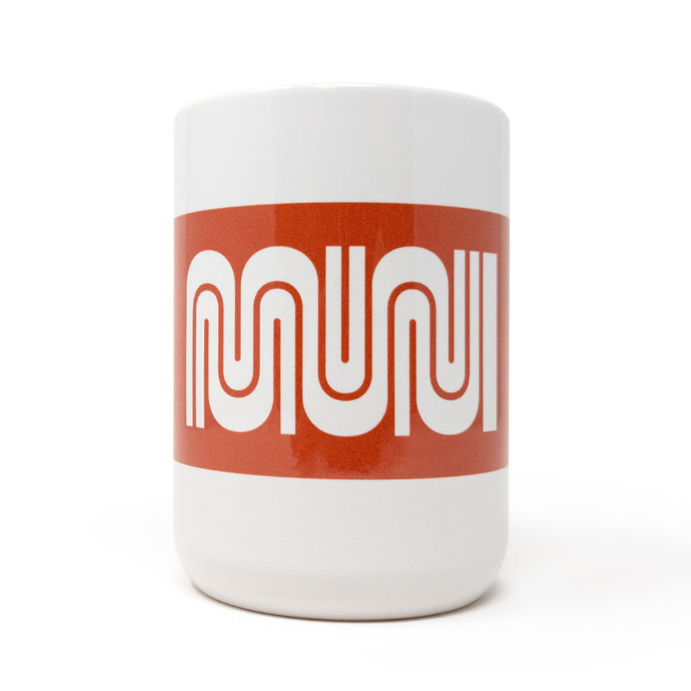 A White Muni Retro Mug with two-tone orange imprint.