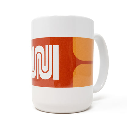 A White Muni Retro Mug with two-tone orange imprint.