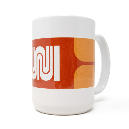 A White Muni Retro Mug with two-tone orange imprint.