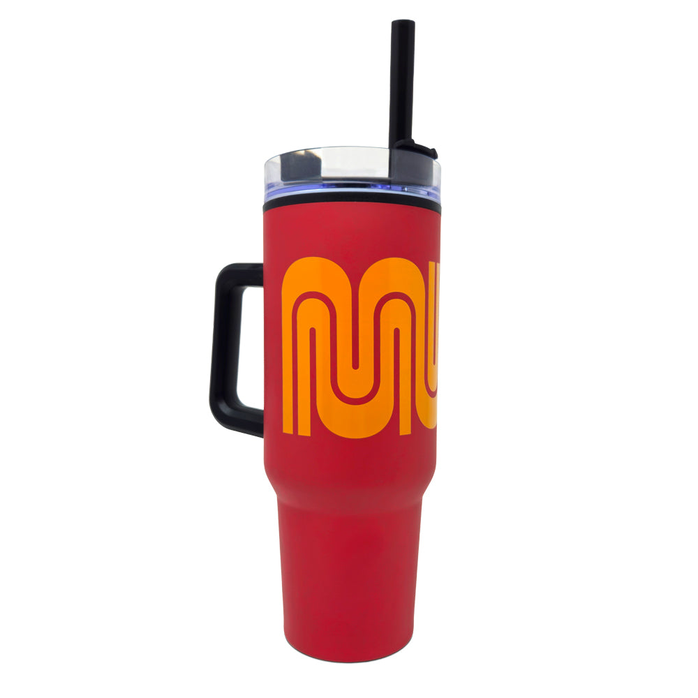 A Muni Jumbo Red tumbler with a golden-Yellow Muni Worm logo and Black handle. On  a White background