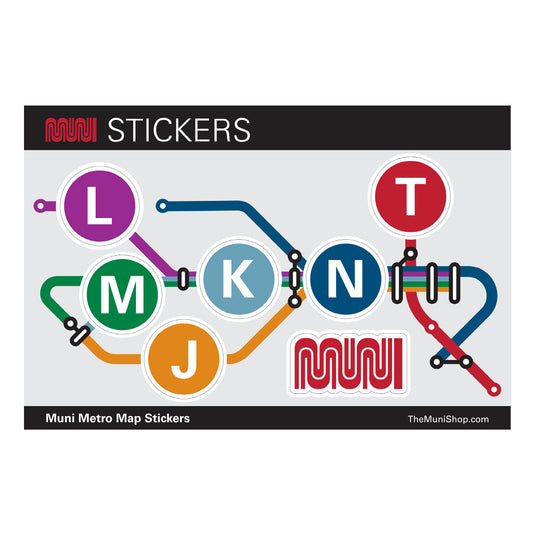 A 9 by 6 inch sticker sheet featuring Muni Metro Map icons and Muni Worm logo.