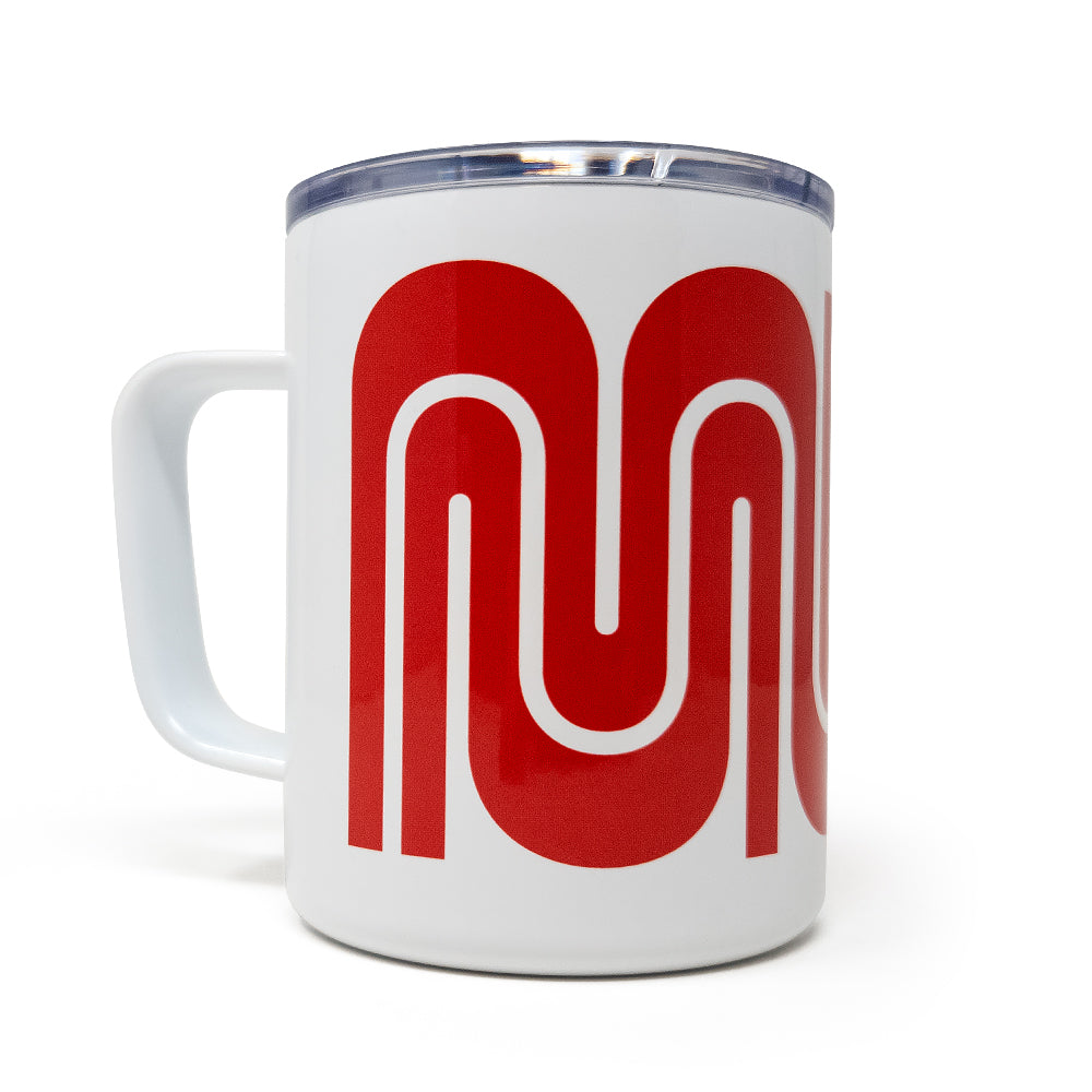 A White Muni metal travel mug with clear plastic lid and large Red Muni Worm logo wrap.