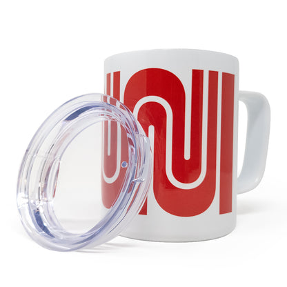 A White Muni metal travel mug with clear plastic lid and large Red Muni Worm logo wrap.