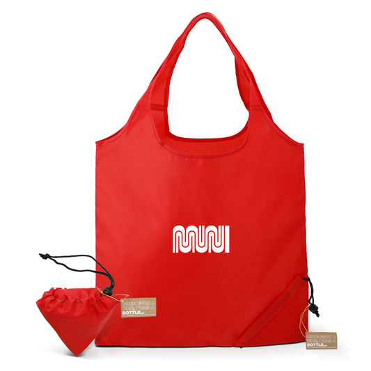 A Red packable and reusable tote bag with White Muni Worm imprint and Black drawstring.