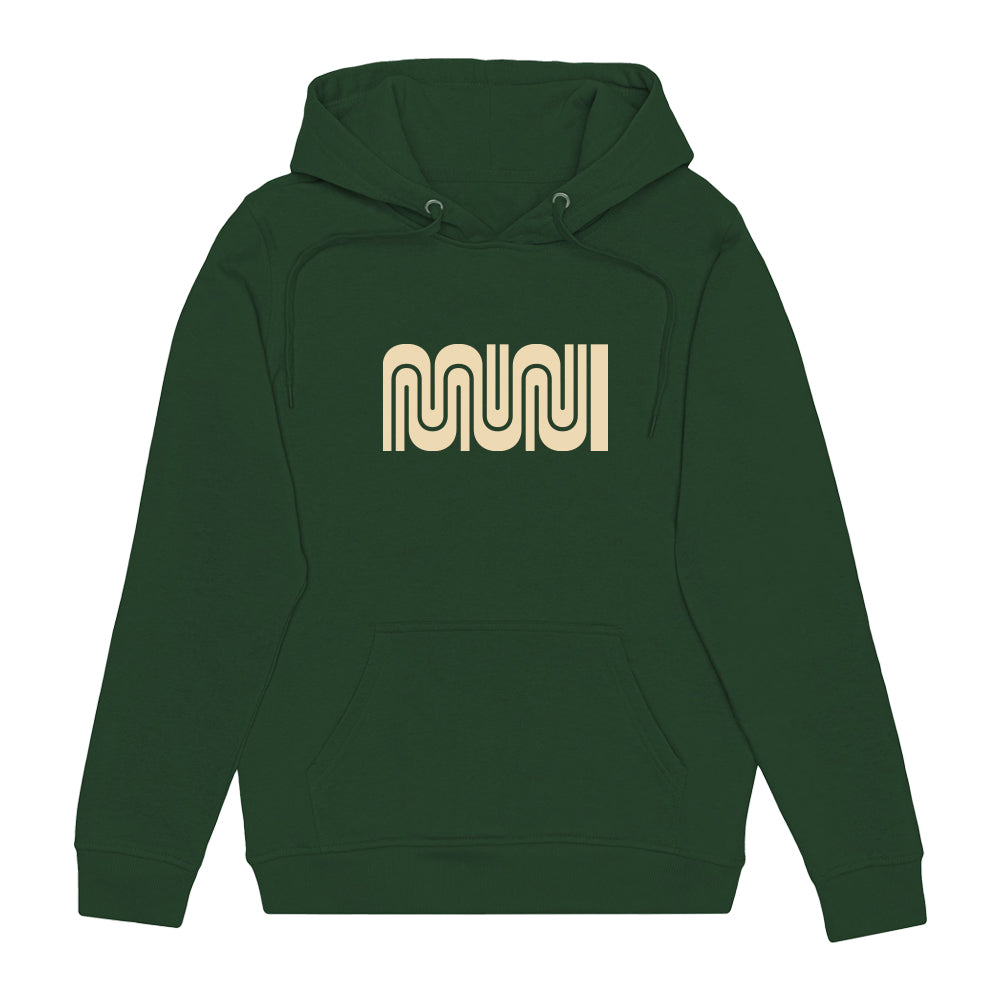 Muni Information Given Hoodie, in Forest Green on a white background with cream Muni logo full-front.