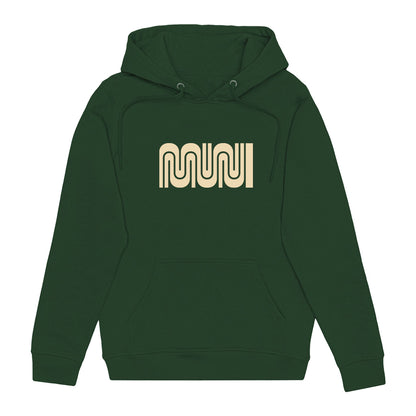 Muni Information Given Hoodie, in Forest Green on a white background with cream Muni logo full-front.