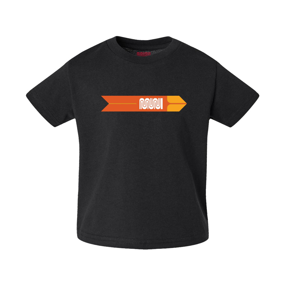 Black toddler T-shirt with a retro two-tone orange Muni Worm logo imprinted full chest. 