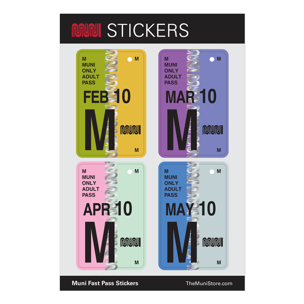 A sticker sheet featuring Muni fast pass graphics.