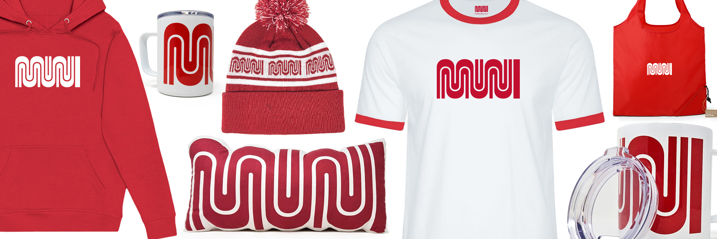 A collage of Red and White apparel and merchandise featuring the Muni and Muni Worm branding.