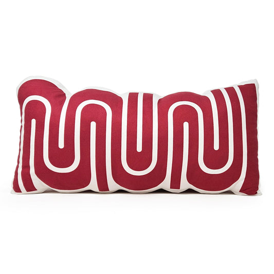 Muni Worm logo in Red on a White rectangle pillow. 9 high by 24 inches wide.