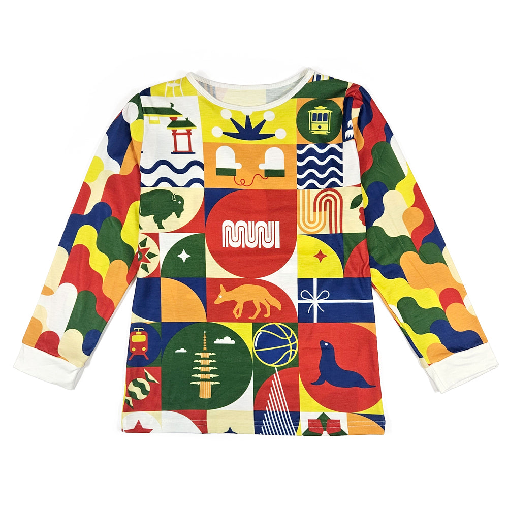 Colorful long-sleeve shirt with geometric pattern on a white background