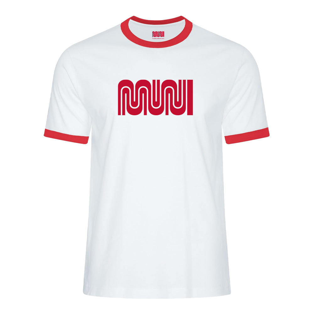 A White ringer T-shirt with Red collar and cuffs. Full chest imprint of the Muni Worm logo in Red.