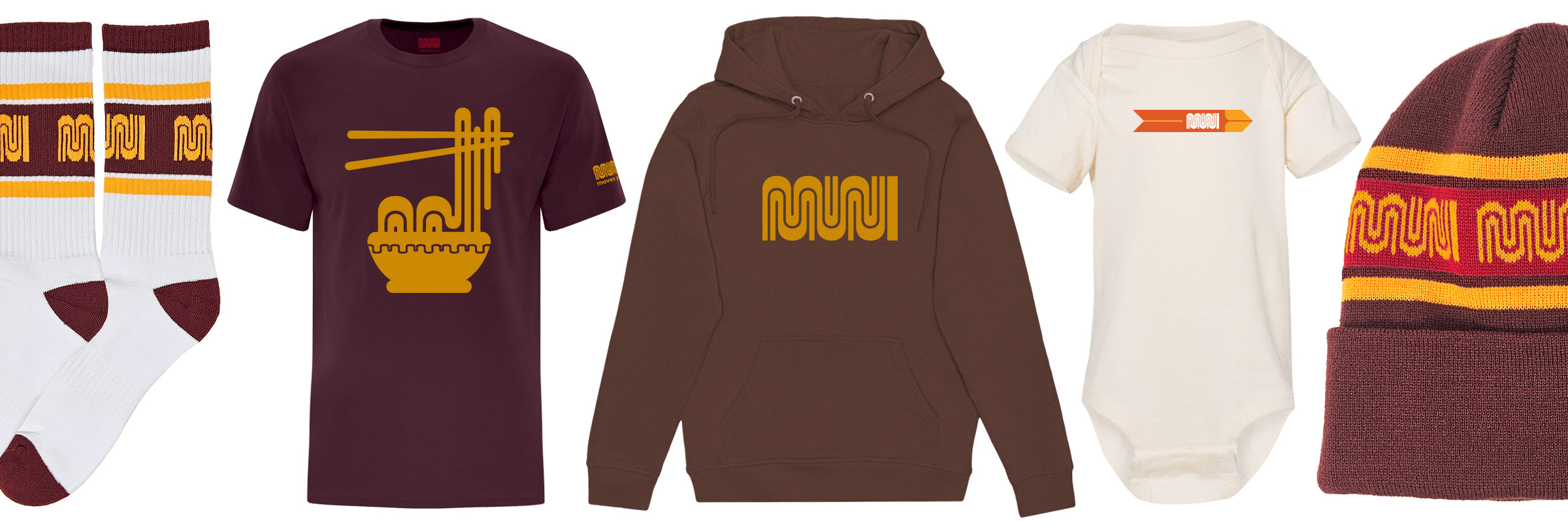 A collage of apparel and merchandise featuring vintage Muni and Muni Worm branding.